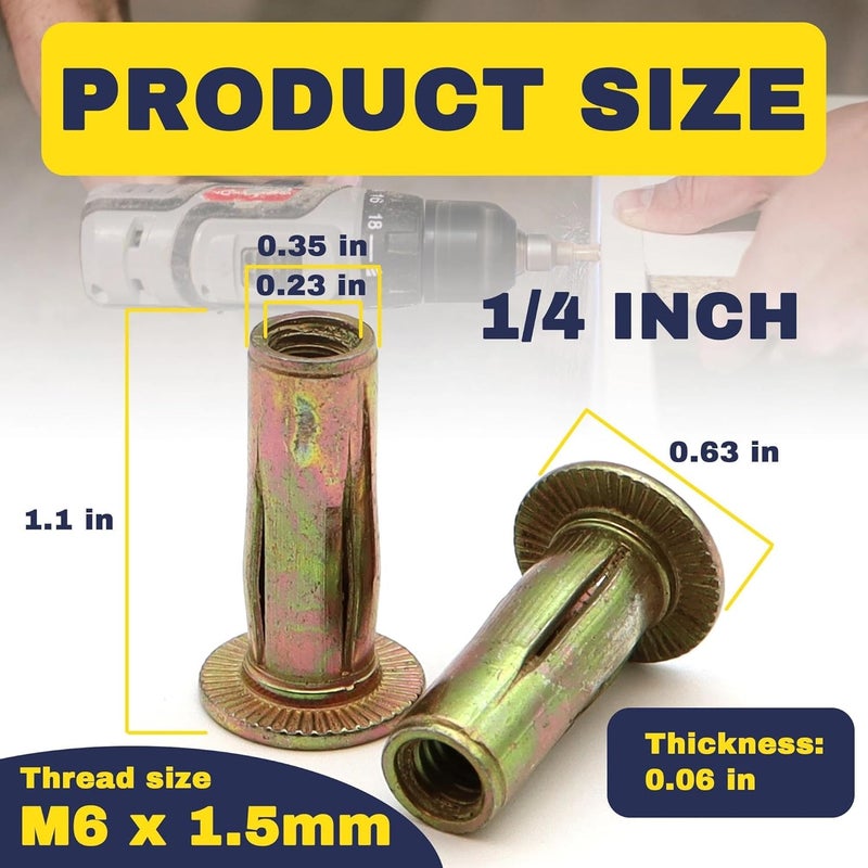 Terixe 50 Pack 1/4-20 Multi-Grip Rivet Nuts - Zinc-Plated Steel Construction Fasteners - Pre-Bulbed Shank - Flat Head Threaded Insert Plus Nut - Ideal for Household Items, Automobiles - Image 3
